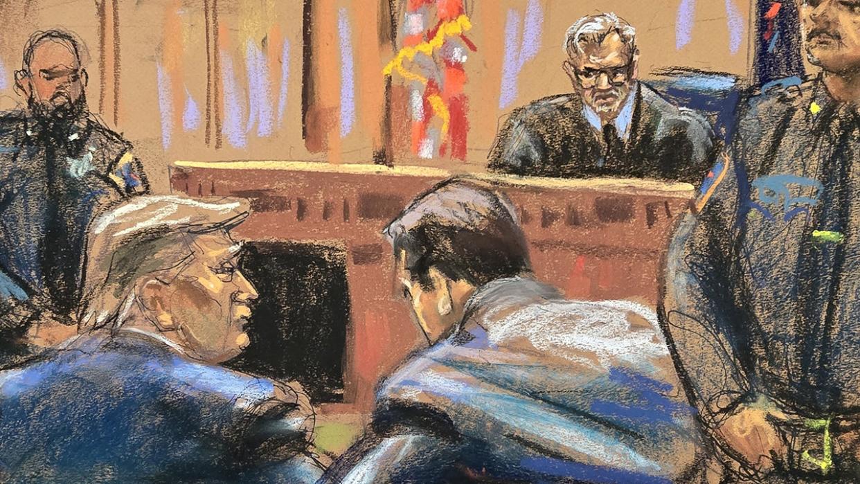 <div>Trump appears in court on Monday, April 15. <strong>(Sketch by Jane Rosenberg)</strong></div>