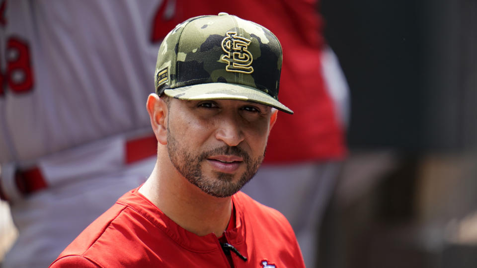 St. Louis Cardinals manager Oliver Marmol stands in the dugout before a baseball game against the Pittsburgh Pirates in Pittsburgh, Sunday, May 22, 2022. (AP Photo/Gene J. Puskar)