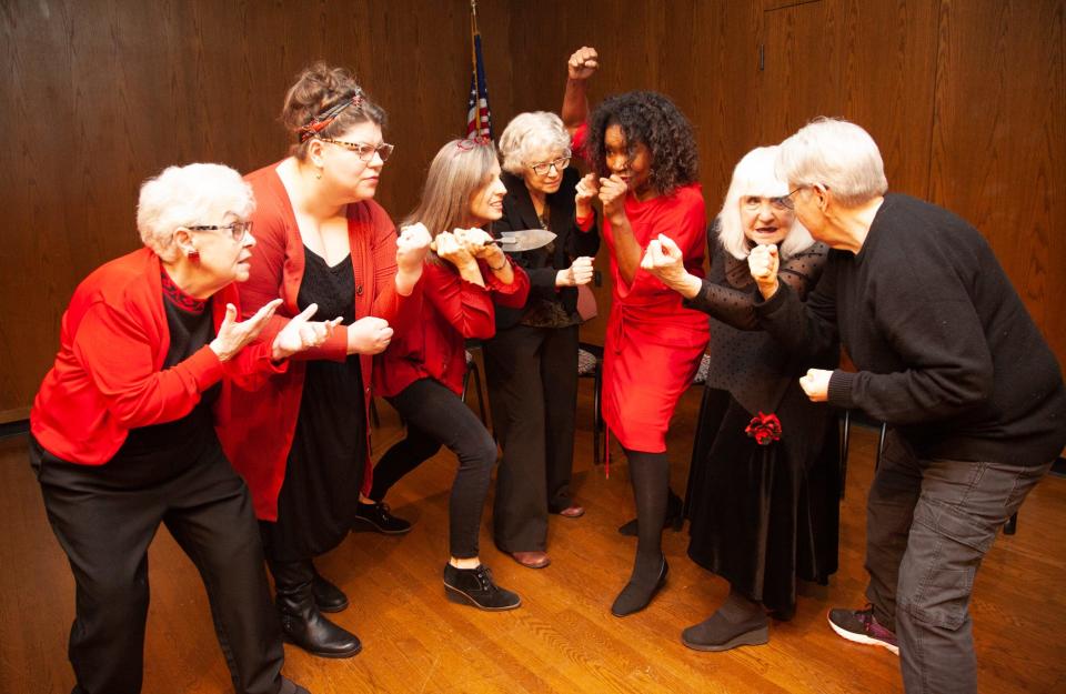 Left to right are Katherine Burkman, Emily Turner, Christy Brothers, AnneMarie Brethauer, Chaquita Mullins Lee, Carole Dale and Judith Roof in Wild Women Writing’s “Shake and Beck."