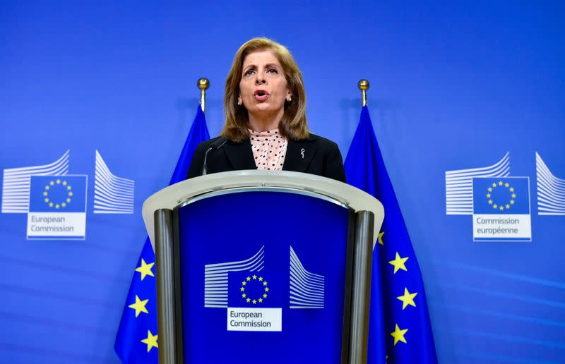 European Union commissioner for Health, Stella Kyriakides, gives a news statement on vaccine deliveries at the EU headquarters, in Brussels