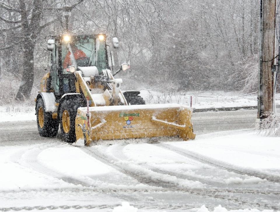 Ethan Holbrook of Middleboro starts plowing a parking lot at Good Samaritan Medical Center in Brockton on Tuesday, Feb. 13, 2024.