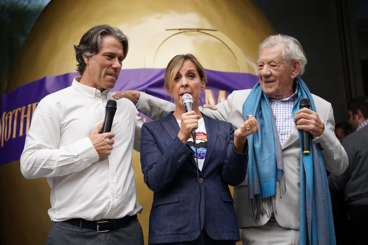 John Bishop, Mel Giedroyc and Sir Ian McKellen outside the Londoner Hotel, in Leicester Square, London, for the announcement of a UK tour of the pantomime Mother Goose (Yui Mok/PA) (PA Wire)