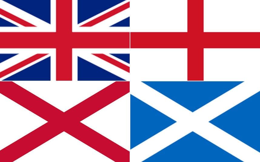 Clockwise from top left: Union flag, St George's Cross, St Andrew's Saltire, St Patrick's Saltire