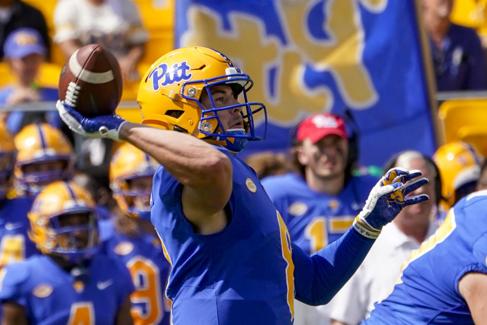 Pittsburgh quarterback Kenny Pickett (8) throws a pass against the Western Michigan during the first half of an NCAA college football game, Saturday, Sept. 18, 2021, in Pittsburgh. (AP Photo/Keith Srakocic)