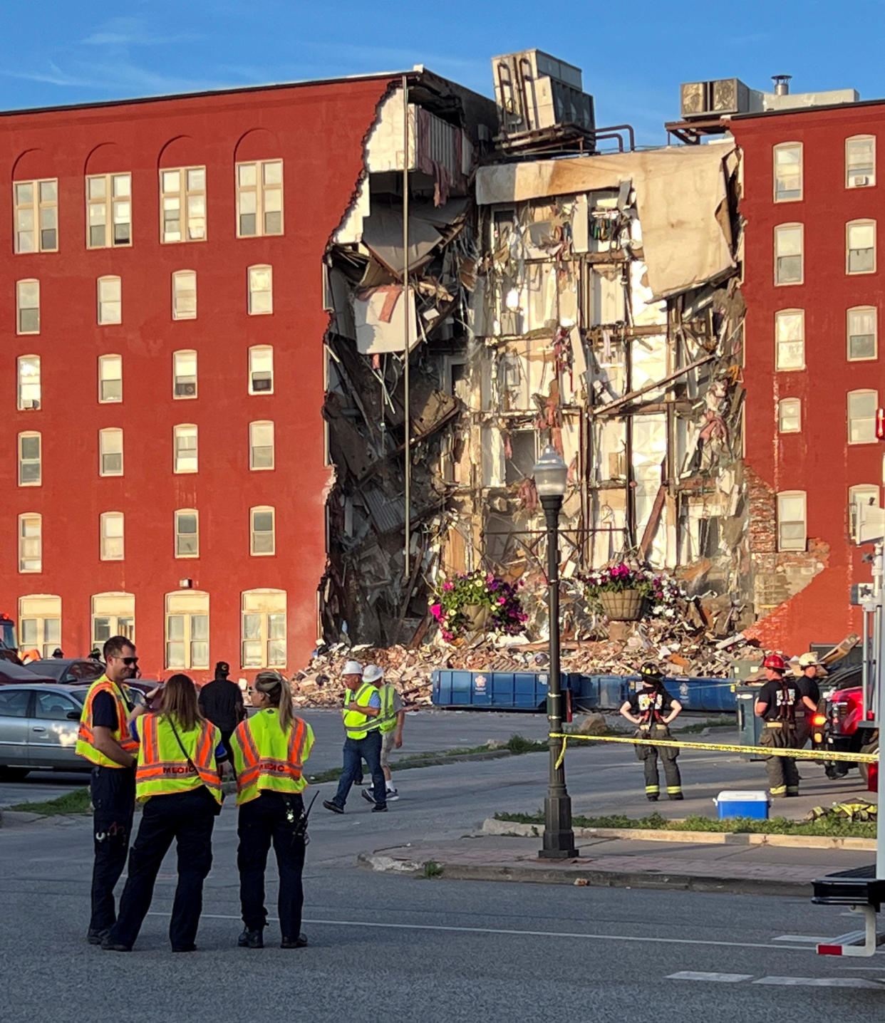 A view of a collapsed apartment building in Davenport, Iowa, on May 28, 2023, in a picture obtained from social media. / Credit: Twitter @JohnBlunk/via REUTERS