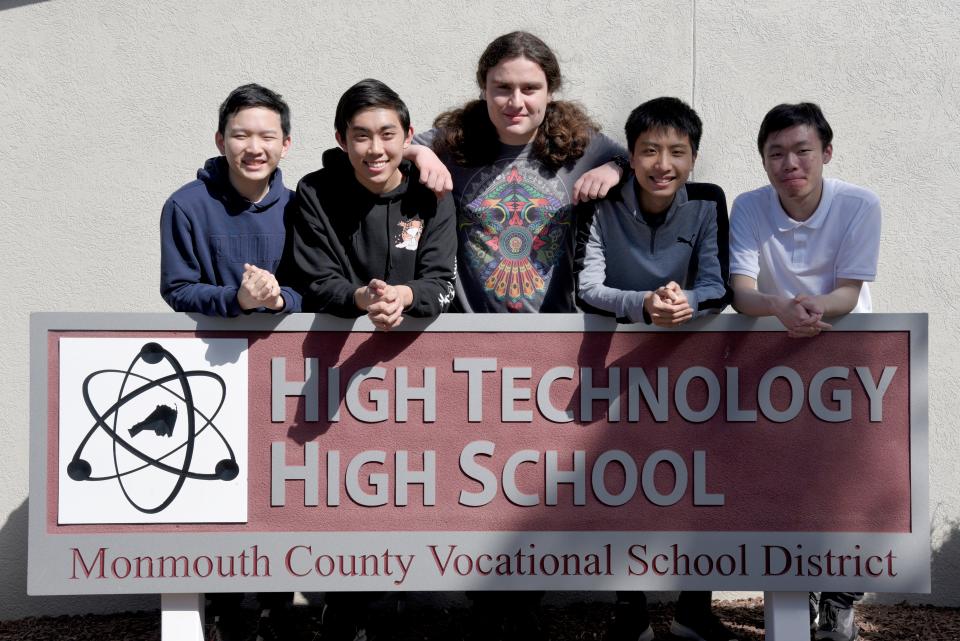 From left: Andrew Eng, Kevin Guan, Alexander Postovskiy, David Chang and Ivan Wong, students from High Technology High School who have advanced to the finals of the M3 Competition on Tuesday, April 12, 2022 at High Technology High School in Middletown, New Jersey. 