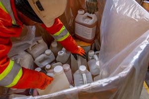 Containers of unwanted, old pesticides and obsolete livestock, equine and farm animal medications recovered at a recent Cleanfarms collection event.