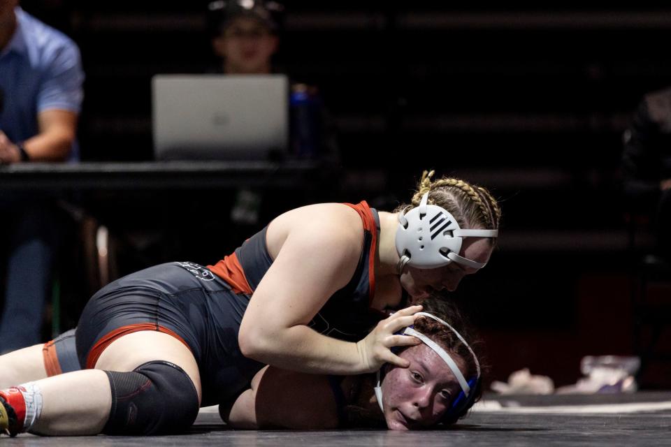 Stansbury’s Alize Acosta and Bear River’s Eve Allsup compete in the 4A Girls Wrestling State Championships at the UCCU Center in Orem on Thursday, Feb. 15, 2024. | Marielle Scott, Deseret News