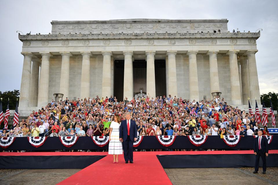 US President Donald Trump and First Lady Melania Trump arrive to "Salute to America" Fourth of July event at the Lincoln Memorial in Washington, DC, July 4, 2019. (Photo by MANDEL NGAN / AFP)        (Photo credit should read MANDEL NGAN/AFP/Getty Images)