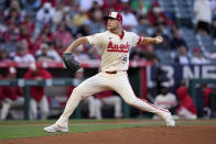 Los Angeles Angels starting pitcher Reid Detmers throws to the plate during the second inning of a baseball game against the St. Louis Cardinals Tuesday, May 14, 2024, in Anaheim, Calif. (AP Photo/Mark J. Terrill)
