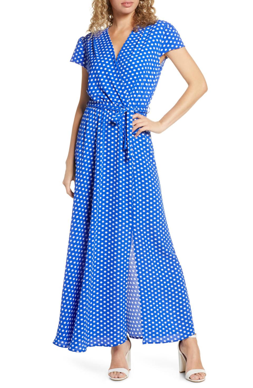 <b>Buy It! </b>Fraiche by J Polka Dot Wrap Dress, $110; <a href="https://click.linksynergy.com/deeplink?id=93xLBvPhAeE&mid=1237&murl=https%3A%2F%2Fshop.nordstrom.com%2Fs%2Ffraiche-by-j-polka-dot-faux-wrap-maxi-dress%2F5283554&u1=PEO%2CShopping%3A15GorgeousWrapDressestoShopThisSummer%2CInspiredbyMeghanMarkleandMoreCelebs%2Crcarhart31%2CUnc%2CGal%2C7085788%2C201905%2CI" rel="nofollow noopener" target="_blank" data-ylk="slk:nordstrom.com;elm:context_link;itc:0;sec:content-canvas" class="link ">nordstrom.com</a>