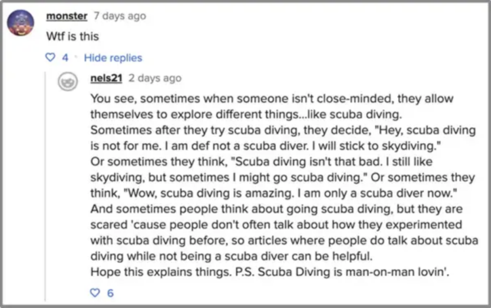 A BuzzFeed post with a comment about exploring new things and scuba diving experiences