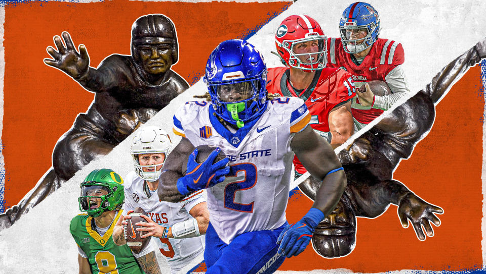 Boise State running back Ashton Jeanty has made a name for himself in the first two weeks of the college football season. Will he stay in the Heisman race throughout the season? (Dillon Minshall/Yahoo Sports illustration)