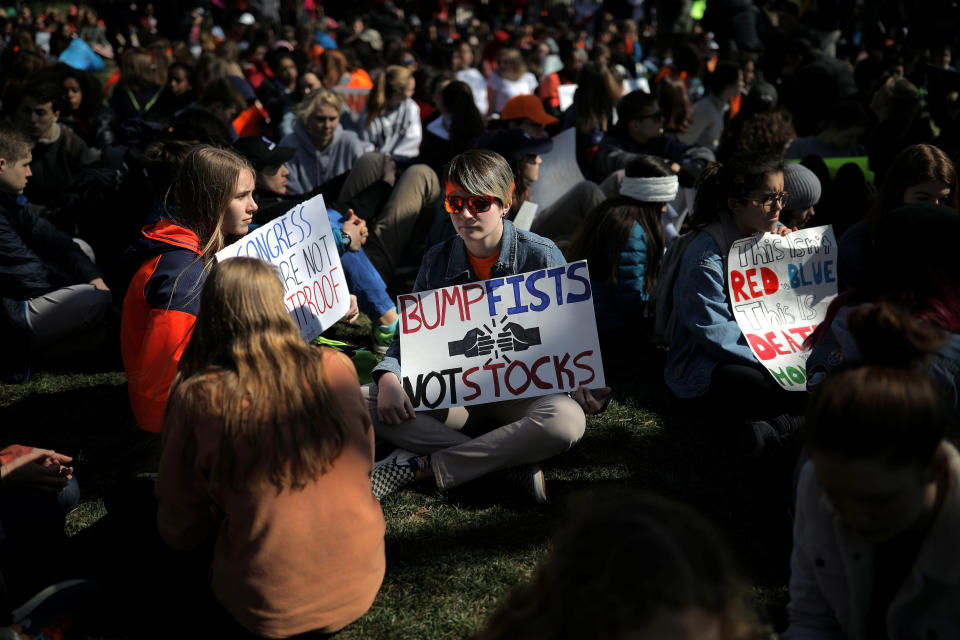 <p>Students attend a rally outside the White House as part of nationwide walk-outs of classes to mark the 19th anniversary since the Columbine High School mass shooting, at Lafayette park in Washington, D.C., April 20, 2018. (Photo: Carlos Barria/Reuters) </p>