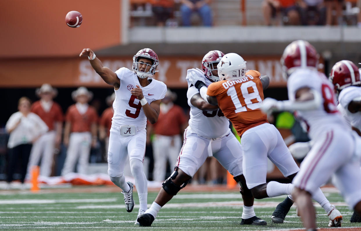 AUSTIN, TEXAS - SEPTEMBER 10: Bryce Young #9 of the Alabama Crimson Tide throws a pass in the first quarter against the Texas Longhorns at Darrell K Royal-Texas Memorial Stadium on September 10, 2022 in Austin, Texas. (Photo by Tim Warner/Getty Images)