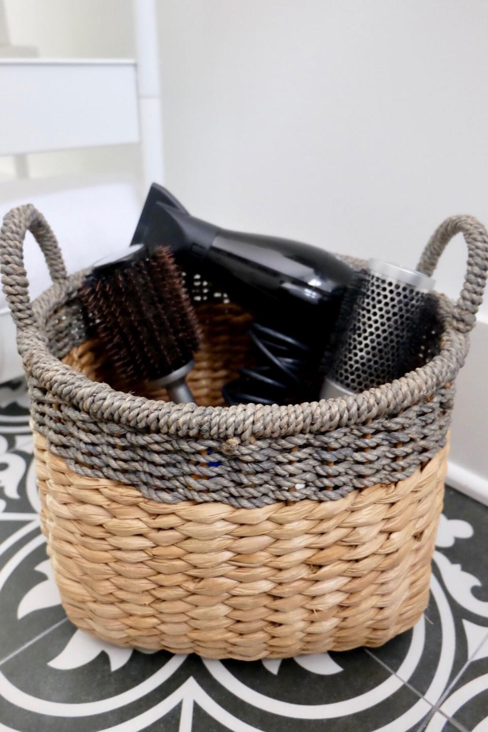 Wicker Basket Storing Hairbrush and Tools