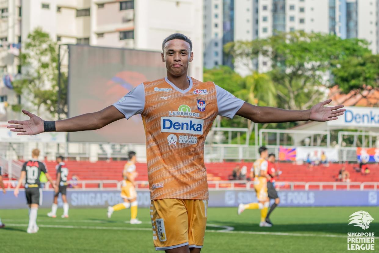 Albirex Niigata (Singapore) forward Ilhan Fandi celebrates scoring a hat-trick against Balestier Khalsa in the Singapore Premier League. (PHOTO: SPL)