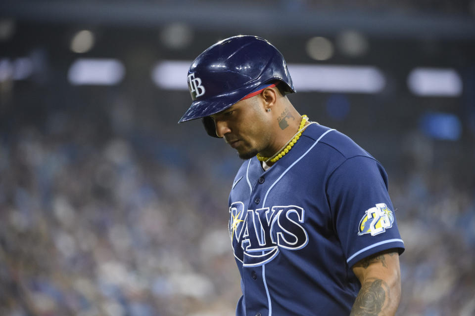 Tampa Bay Rays' Wander Franco walks off the field after flying out against the Toronto Blue Jays during the eighth inning of a baseball game Friday, April 14, 2023, in Toronto. (Christopher Katsarov/The Canadian Press via AP)