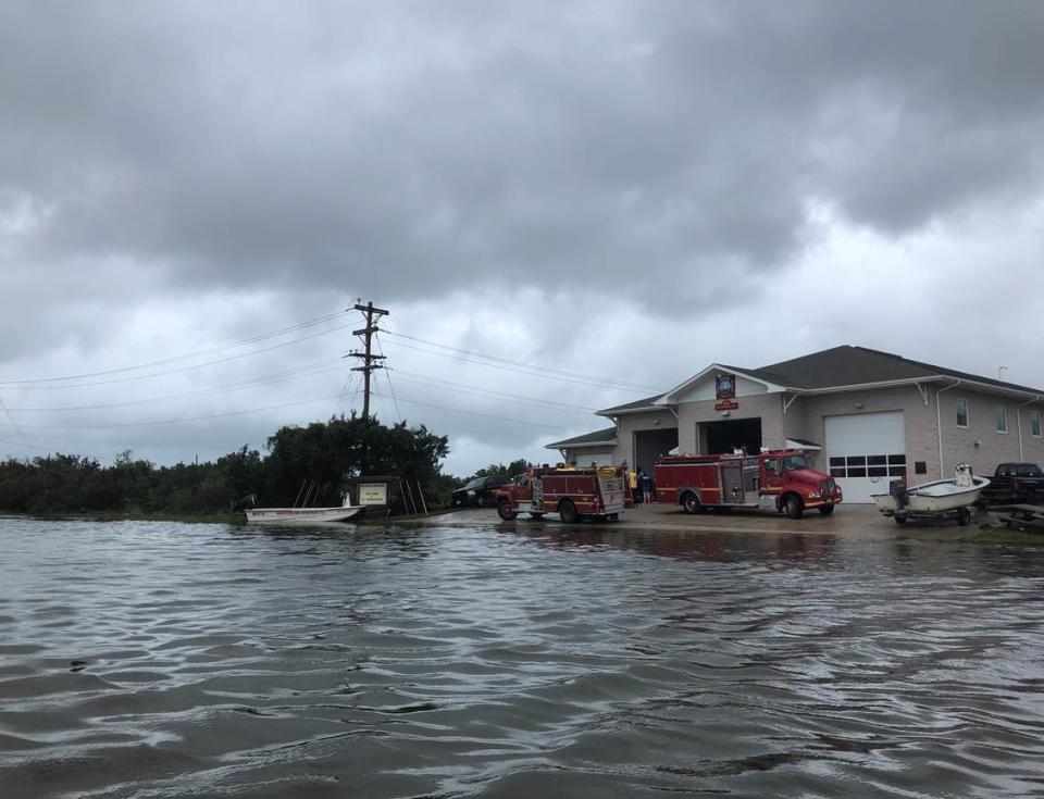 The Ocracoke Village Fire Department is used as a command center Friday, Sept. 6, 2019 on Ocracoke Island, N.C., in the aftermath of Hurricane Dorian. (Connie Leinbach/Ocracoke Observer via AP)