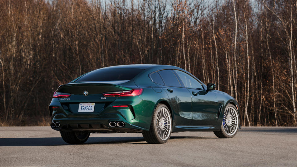 Alpina projects the B8’s refined rumble through a custom-tuned, stainless-steel quad exhaust system. - Credit: Roman Raetzke, courtesy of BMW.