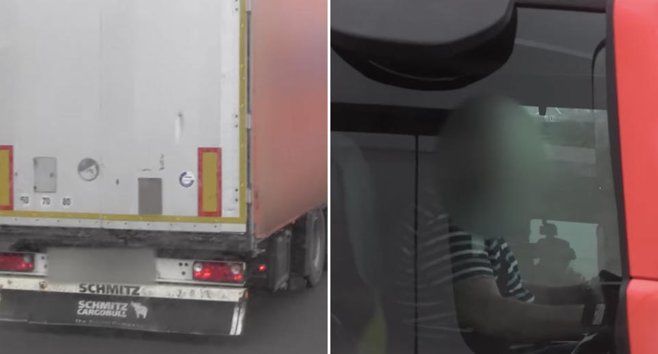 A truck driver is pictured being nabbed using two phones.