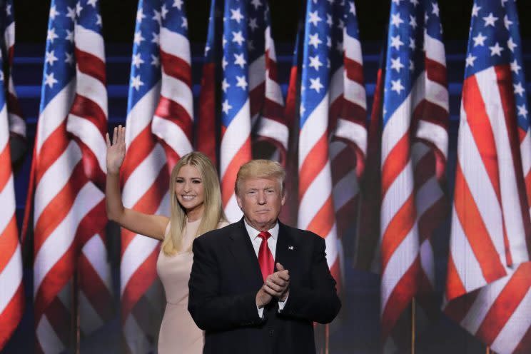 Ivanka Trump waves as she walks offstage after introducing her father at the Republican National Convention in Cleveland. (J. Scott Applewhite/AP)