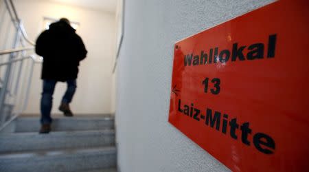 A voter arrives to a polling station in Sigmaringen, in the German federal state of Baden-Wuerttemberg, Germany, March 13, 2016. REUTERS/Michaela Rehle