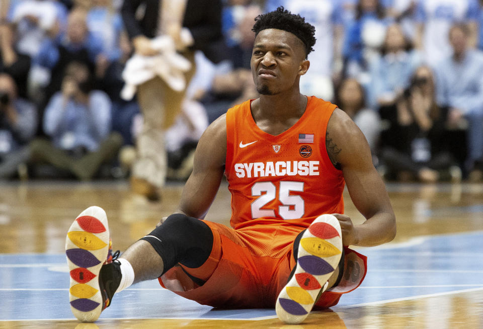 Syracuse's Tyus Battle (25) reacts after hitting a basket during the second half of an NCAA college basketball game against North Carolina in Chapel Hill, N.C., Tuesday, Feb. 26, 2019. (AP Photo/Ben McKeown)