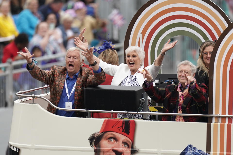 Chris Tarrant, Angela Rippon and Noddy Holder during the Platinum Jubilee pageant. (PA)
