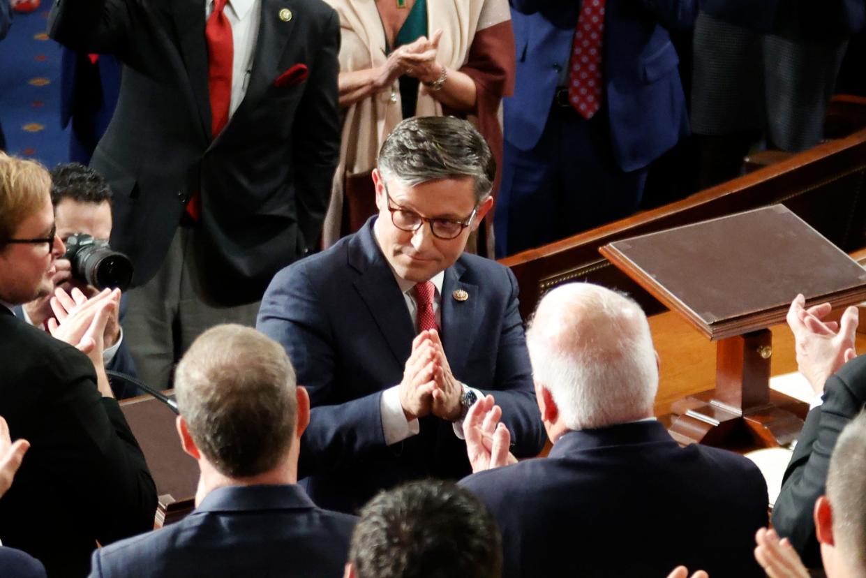 Rep. Mike Johnson, R-La. acknowledges House republicans as he is elected the new speaker of the House in Washington on Oct 25, 2023. Speaker Kevin McCarthy was voted out of the job on Tuesday, Oct. 3, 2023 in a move led by a group of hardline House conservatives.