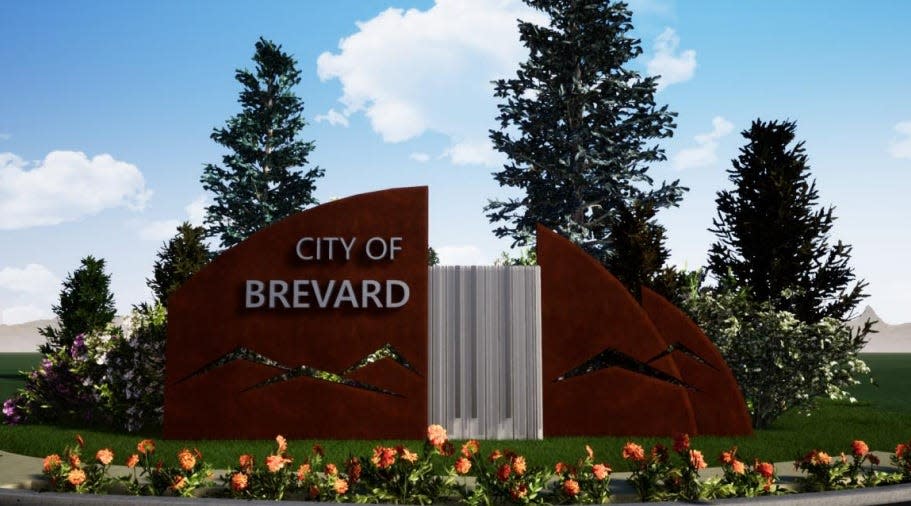 This is an artist's rendering of the new sign welcoming visitors to Brevard. It will be in the middle of the roundabout that will be constructed at the intersection leading to the entrance of Pisgah National Forest.