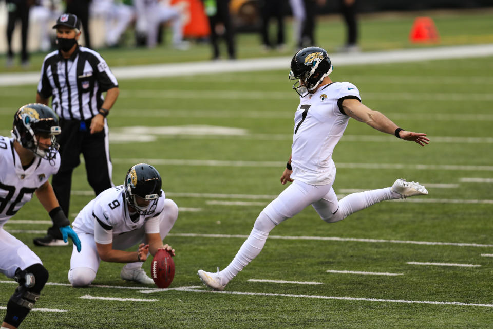 Jacksonville Jaguars kicker Aldrick Rosas (7) kicks a field goal from the hold of Logan Cooke against the Cincinnati Bengals in the second half of an NFL football game in Cincinnati, Sunday, Oct. 4, 2020. (AP Photo/Aaron Doster)