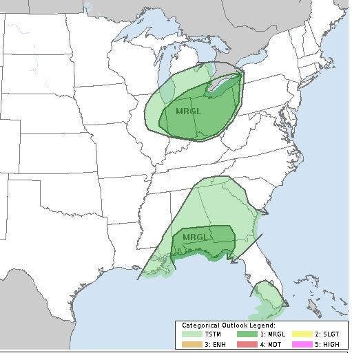 A system in the Deep South will bring a cool front to the area on Saturday night.