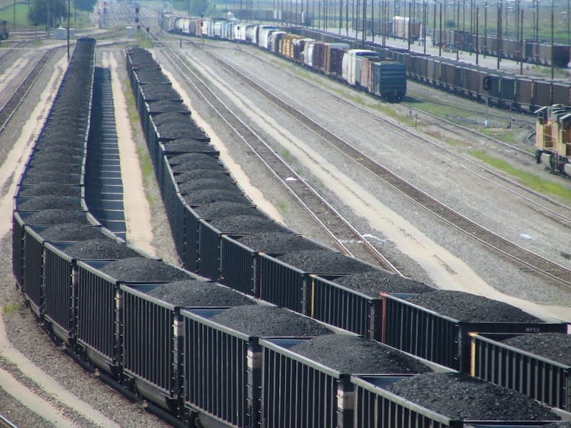  Trains loaded with Powder River Basin coal, pictured in 2006, at Union Pacific’s Bailey railyard in North Platte, Nebraska. (Dustin Bleizeffer | WyoFile)