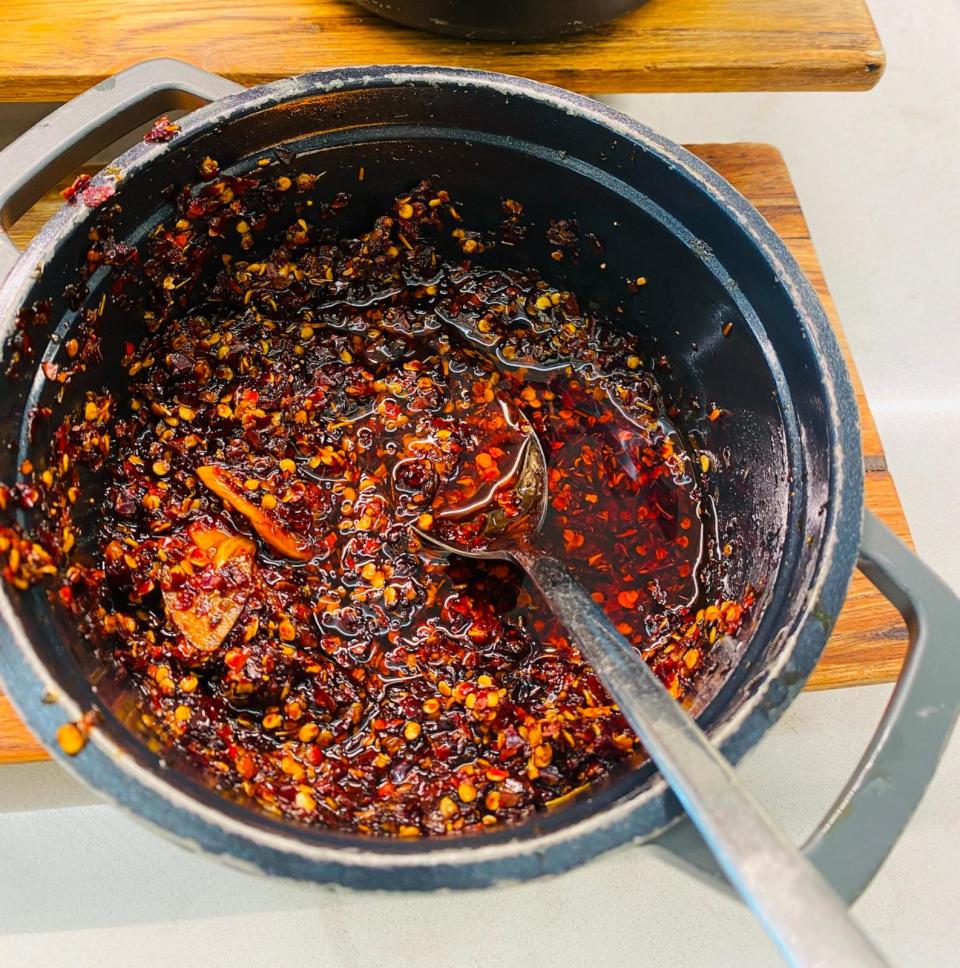 PHOTO: A bowl of chili crisp served at the condiment station at the Delta SkyClub inside LaGuardia Airport. (Kelly McCarthy)