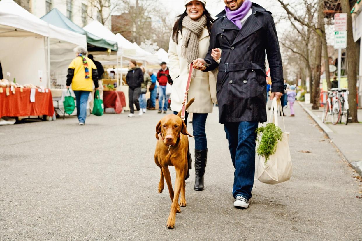 man and woman at a Farmer's Market with their dog on a leash