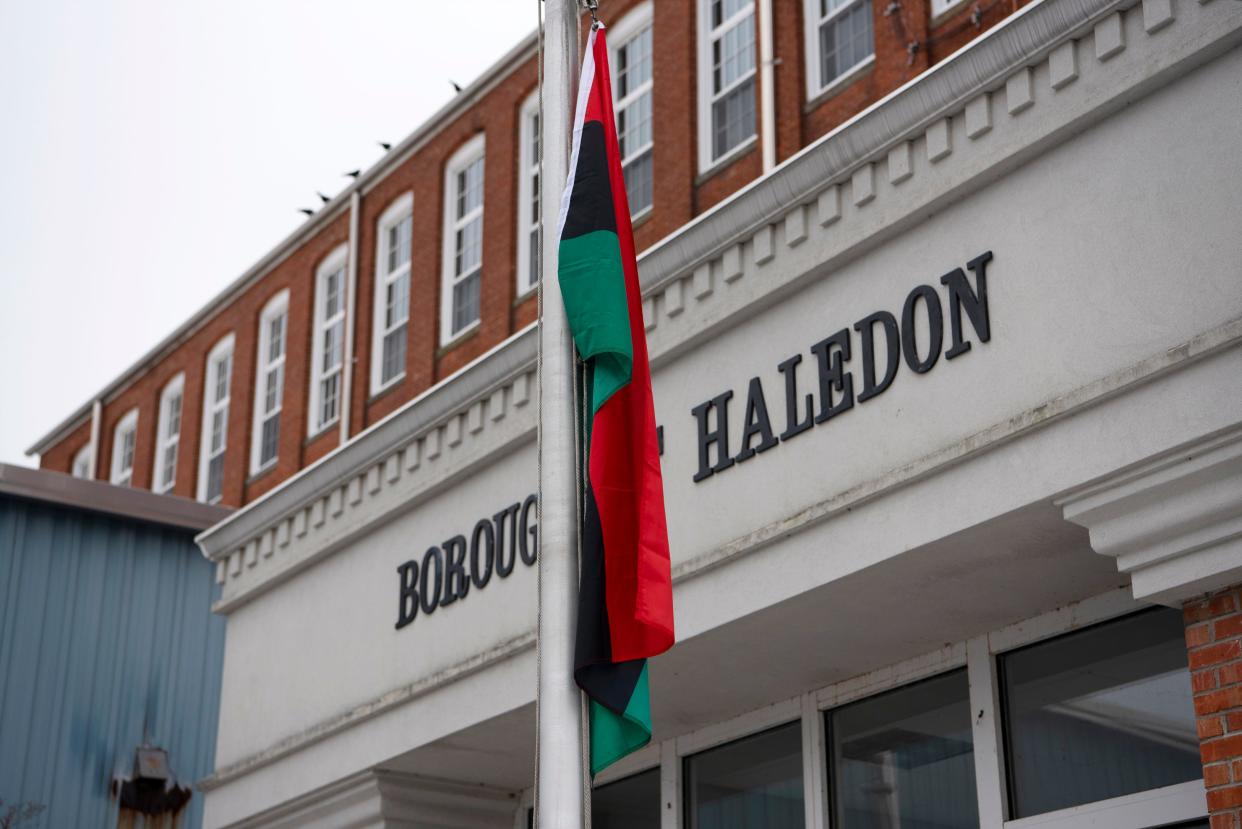 The Pan-African flag, also called the Afro-American or Black Liberation flag, designed to represent people of the African Diaspora, is hanging outside of the Borough of Haledon Municipal Complex during Black History Month on February 15, 2021.
