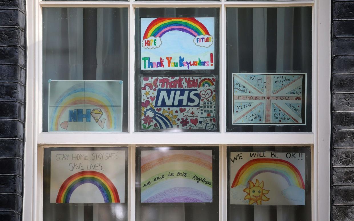 Messages of thanks for the workers of Britain's NHS on the windows of 10 Downing Street in April 2020 - ISABEL INFANTES/AFP