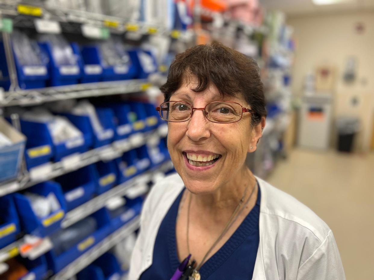 Ana White, assistant nurse manager in the medical and surgery unit of Novant Health New Hanover Regional Medical Center, checks the supply room on May 9, 2024.