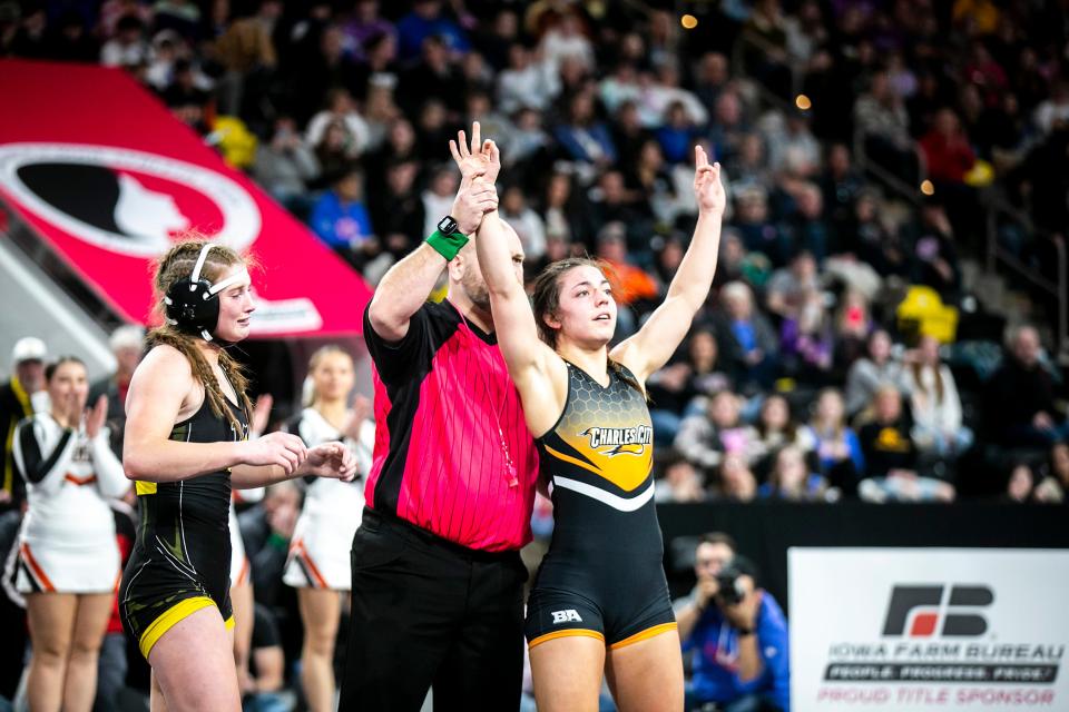 Charles City's Lilly Luft celebrates after her match at 130 pounds in the finals during the IGHSAU state girls wrestling tournament, Friday, Feb. 3, 2023, at the Xtream Arena in Coralville, Iowa.