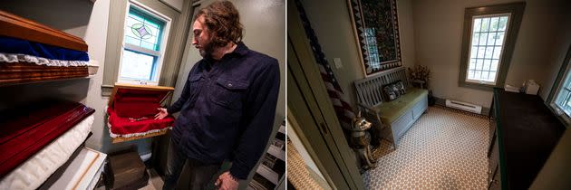 Left: Brian Martin shows the various caskets available for animals at Hartsdale Pet Cemetery. Right: A viewing room for families to mourn their pets. (Photo: Damon Dahlen/HuffPost)