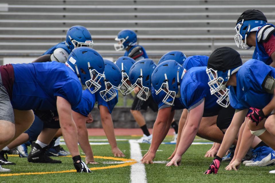 Pleasant Valley football players line up for a practice drill in Brodheadsville on Tuesday, August 10, 2021.