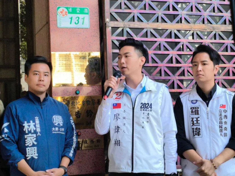 國民黨台中市立委候選人廖偉翔、林家興與羅廷瑋等人，指控高端哄抬疫苗價格，且疑似官商勾結，日前到法院按鈴申告，讓高端疫苗爭議再度浮現抬面。（圖／國民黨立院黨團提供）