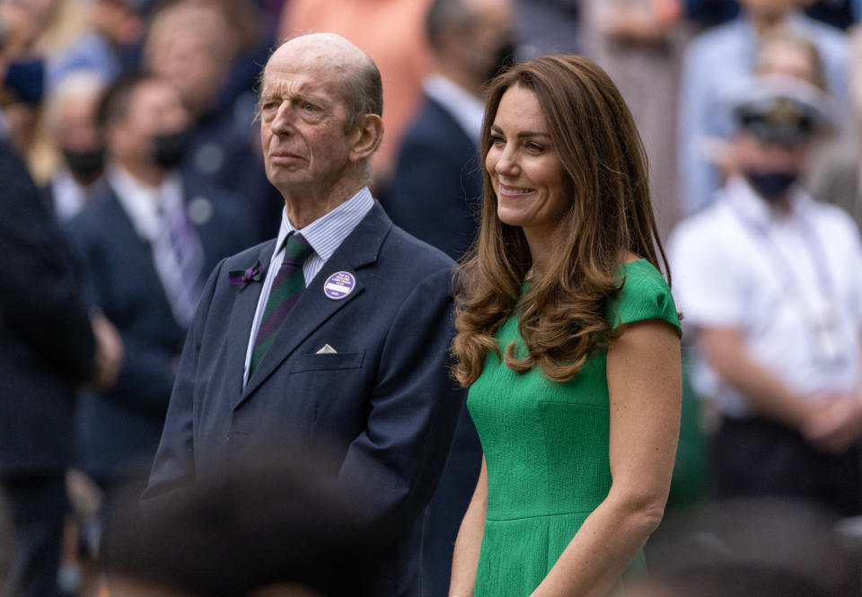 LONDON, ENGLAND - JULY 10: Prince Edward, Duke of Kent and HRH Catherine, The Duchess of Cambridge after the Ladies' Singles Final match between Ashleigh Barty of Australia and Karolina Pliskova of The Czech Republic  on Day Twelve of The Championships - Wimbledon 2021 at All England Lawn Tennis and Croquet Club on July 10, 2021 in London, England. (Photo by AELTC/Ian Walton - Pool/Getty Images)