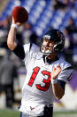 BALTIMORE, MD - JANUARY 15: Quarterback T.J. Yates #13 of the Houston Texans warms up prior to the start of the the AFC Divisional playoff game against the Baltimore Ravens at M&T Bank Stadium on January 15, 2012 in Baltimore, Maryland. (Photo by Rob Carr/Getty Images)