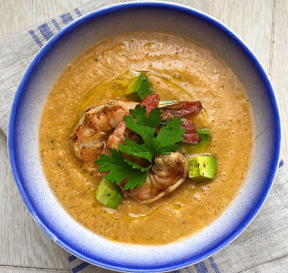 Tomato Gazpacho with Avocado and Grilled Shrimp