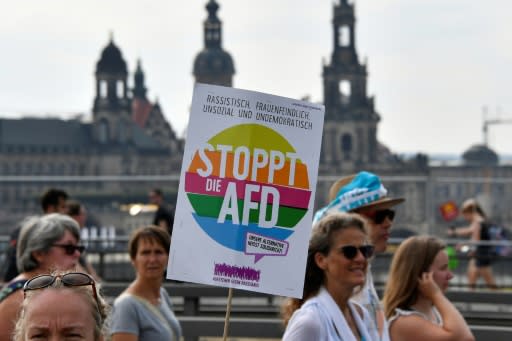 A protester holding a sign reading "stop the AfD" at the march in Dresden