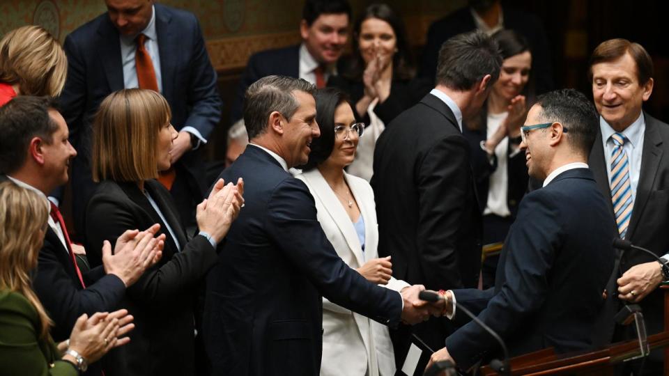 NSW Treasurer Daniel Mookhey is congratulated after the budget.