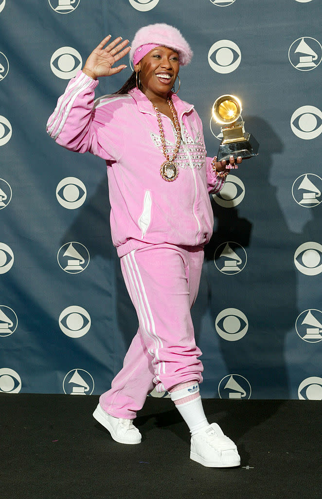 <p>Missy looks fresh off a music video set in her baby pink Adidas go-tos. <i>(Photo: Getty Images)</i> </p>