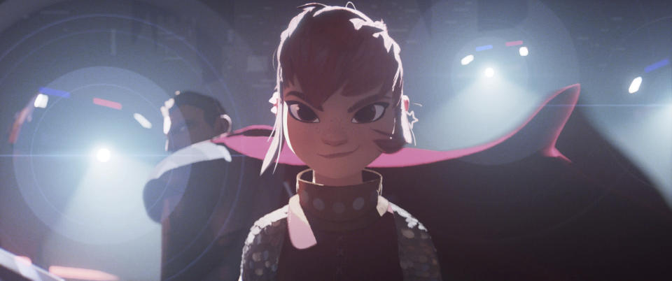 This image released by Netflix shows characters Ballister Boldheart, voiced by Riz Ahmed, background left, and Nimona, voiced by Chloë Grace Moretz, in a scene from the animated film "Nimona." (Netflix via AP)